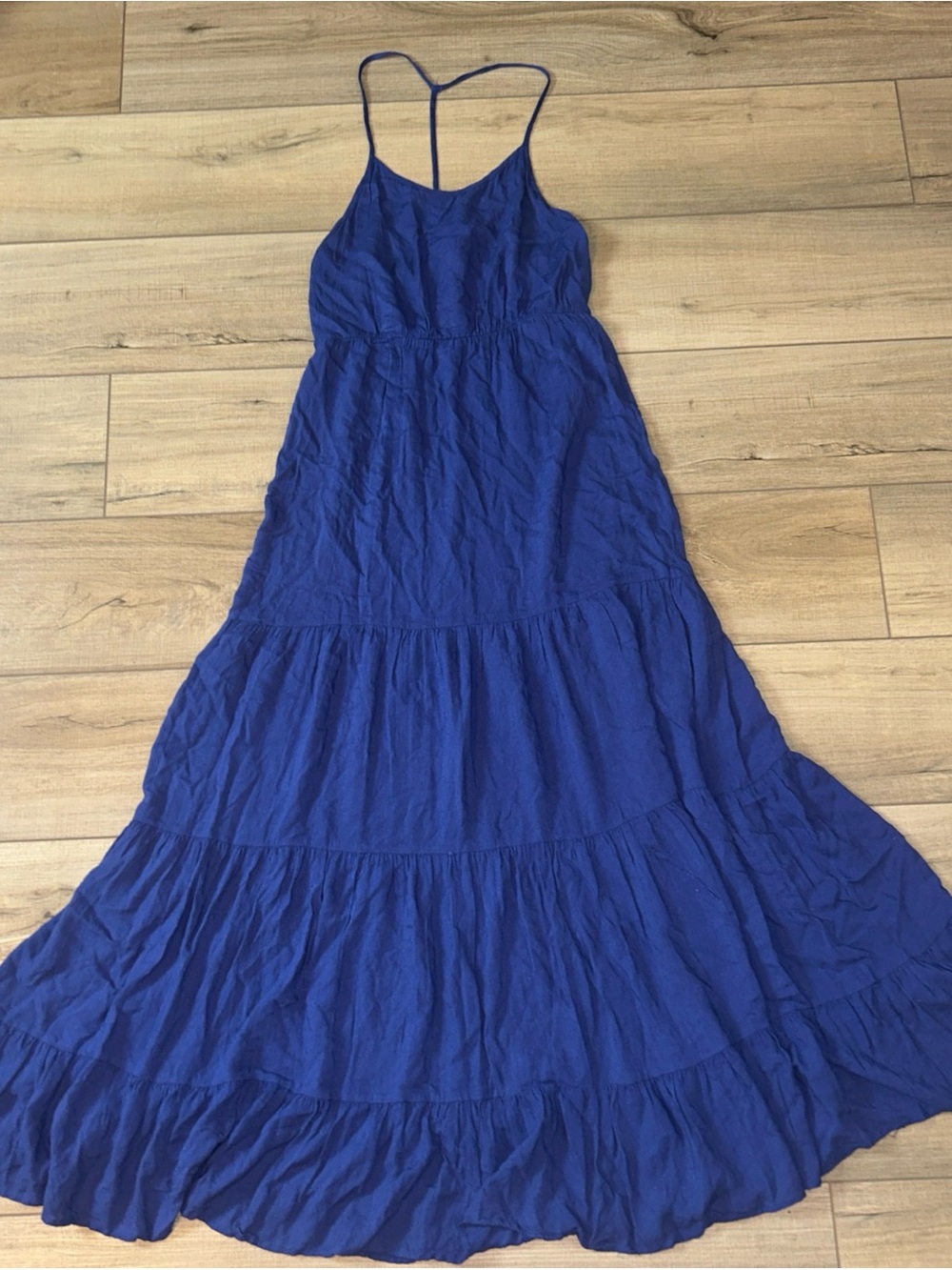 UMGEE Tiered Dress Maxi Blue T Strap Summer 
beach Gauzy cruise resort flowy S